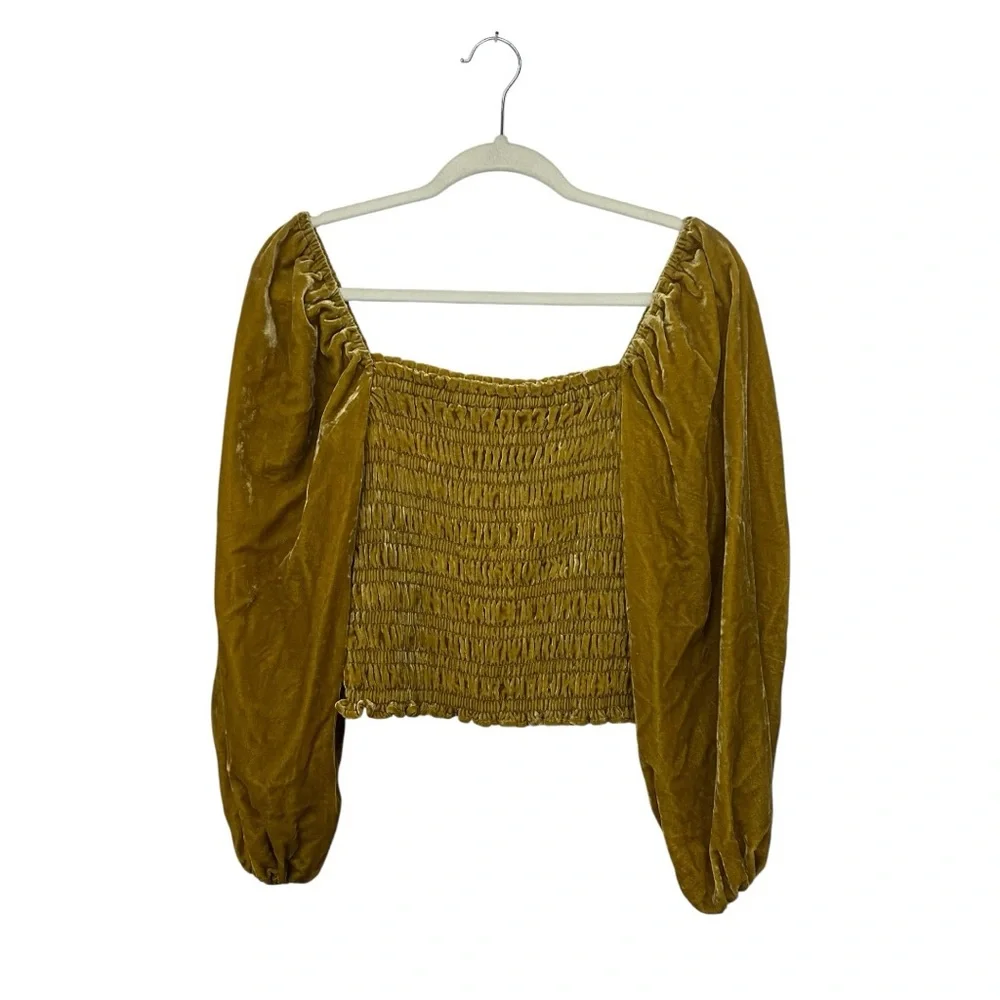 Anthropologie | Gold Yellow Puff Long Sleeved‎ Smocked Velvet Blouse size S
